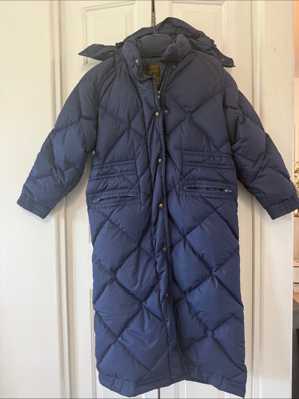 Eddie Bauer Navy Long Goose Down Puffer Coat with Removable Hood
